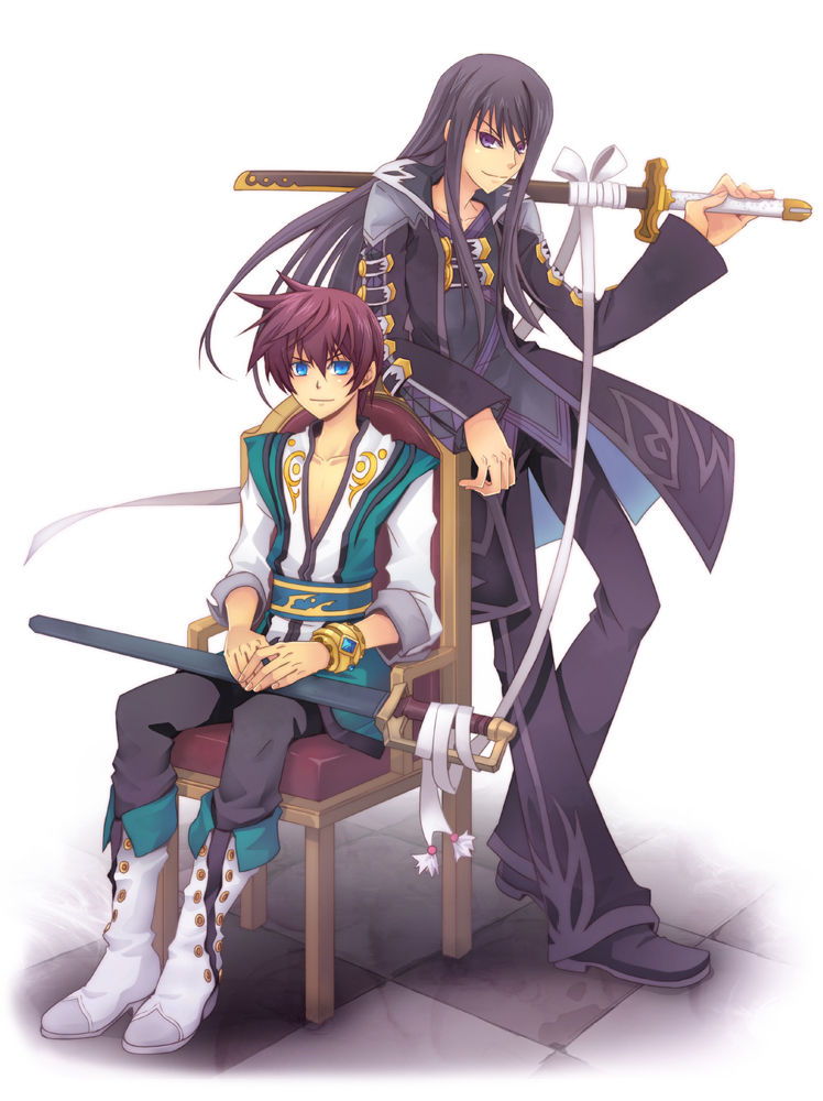 asbel_lhant asbel_lhant_(cosplay) black_hair blue_eyes boots bracelet brown_hair chair cosplay costume_switch full_body jewelry knee_boots left-handed long_hair male_focus multiple_boys pants purple_eyes retpa ribbon scabbard sheath sidelocks sitting smile sword tales_of_(series) tales_of_graces tales_of_vesperia weapon white_background yuri_lowell yuri_lowell_(cosplay)