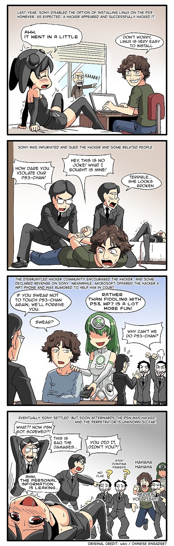 4koma 6+boys anonymous beard comic engadget facial_hair game_console george_hotz guy_fawkes_mask half-life hard_translated highres man_(trance) mask microsoft multiple_boys multiple_girls personification playstation_3 pointing sony translated wallace_breen xbox_360
