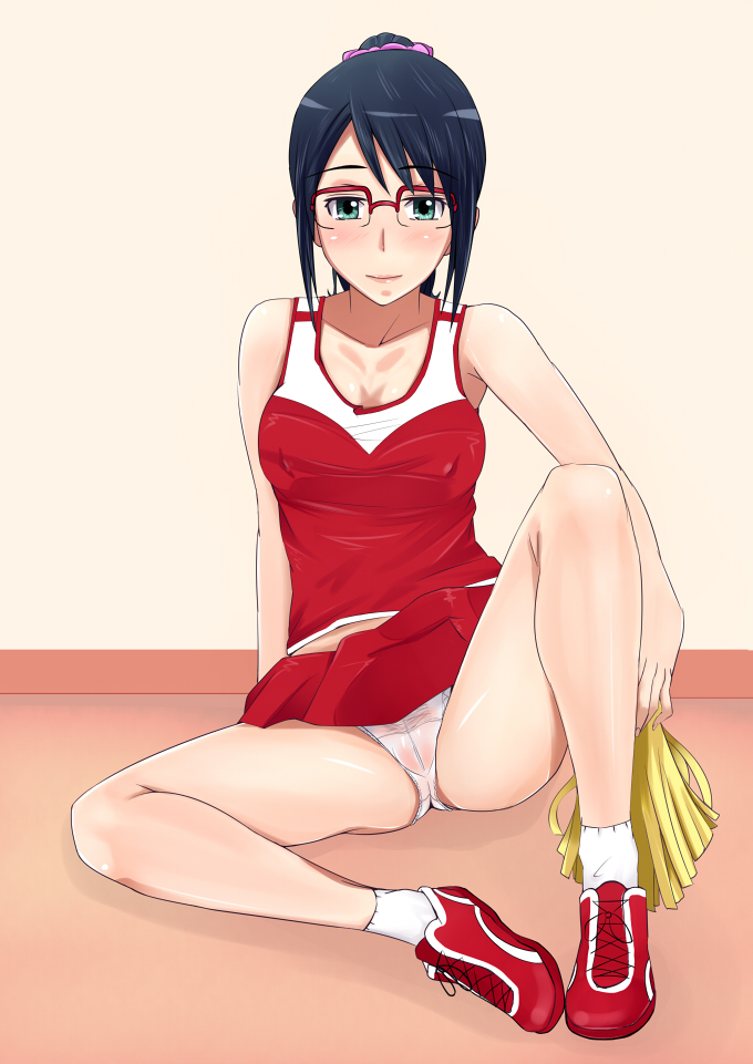 ano_hi_mita_hana_no_namae_wo_bokutachi_wa_mada_shiranai. black_hair cameltoe cheerleader glasses green_eyes ichihisa long_legs panties pom_poms sitting solo spread_legs tsurumi_chiriko underwear