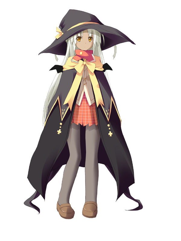 brown_loafers golden_eyes hat lily_hayasaka long_white_hair looking_at_viewer panty_hose plaid_skirt robe tsuki_to_mahou_to_taiyou_to yellow_bow