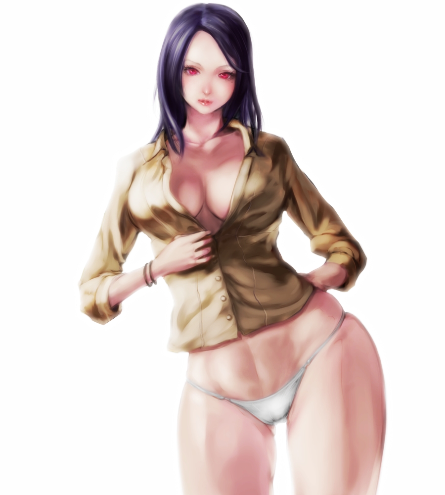 black_hair bracelet breasts dead_rising dead_rising_2 hips jewelry long_hair medium_breasts mole no_pants panties pitbull rebecca_chang red_eyes simple_background sleeves_rolled_up solo unbuttoned underwear white_panties