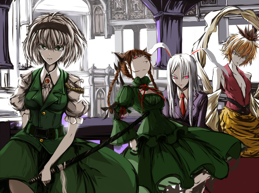 animal_ears belt blonde_hair bunny_ears cat_ears dress extra_ears green_dress green_eyes hair_ornament hairband kaenbyou_rin katana konpaku_youmu mafei multicolored_hair multiple_girls necktie pale_skin red_eyes red_hair reisen_udongein_inaba scabbard sheath short_hair stage_connection sword toramaru_shou touhou two-tone_hair weapon white_hair