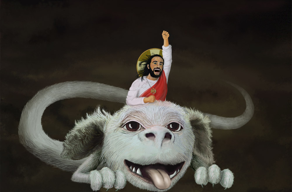 black_hair brown_eyes dragon falkor hair human jesus male necklace the_neverending_story