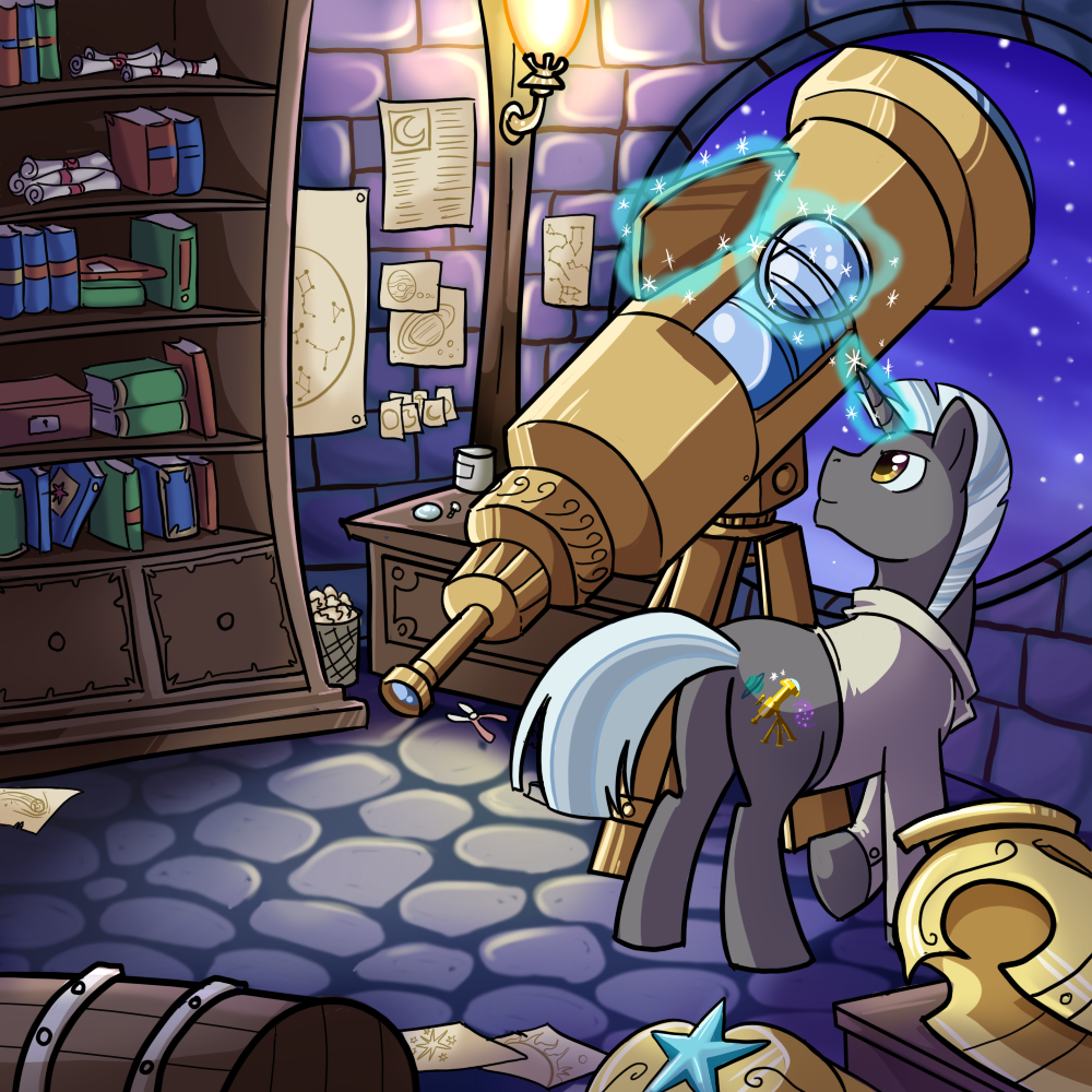 astronomy book books chest chest_(container) drawings equine friendship_is_magic helmet horn horns horse lens madmax magic male mammal my_little_pony pony solo star_charts stars telescope unicorn unknown_pony