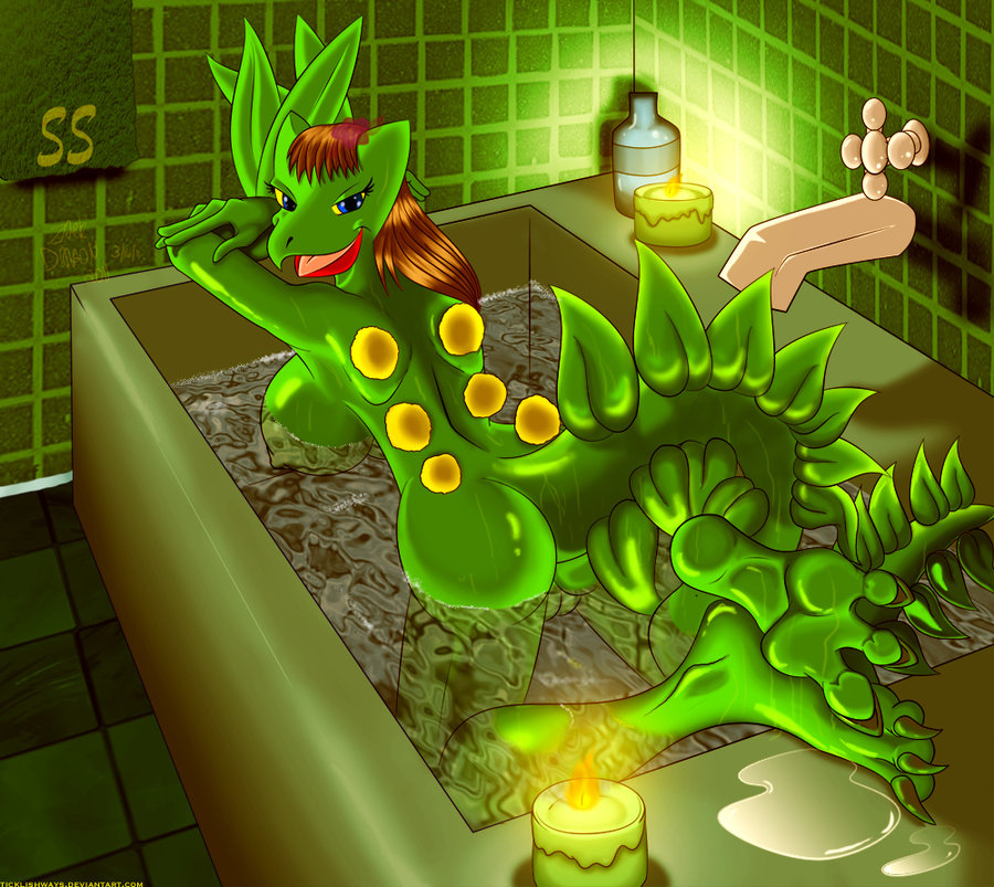anthro bath big_breasts blue_eyes breasts candle candles claws female foot_focus hindpaw leaves looking_at_viewer nintendo paws pok&#233;mon pok&eacute;mon scalie scepera sceptile seductive smile solo tail ticklishways toes video_games water zp92