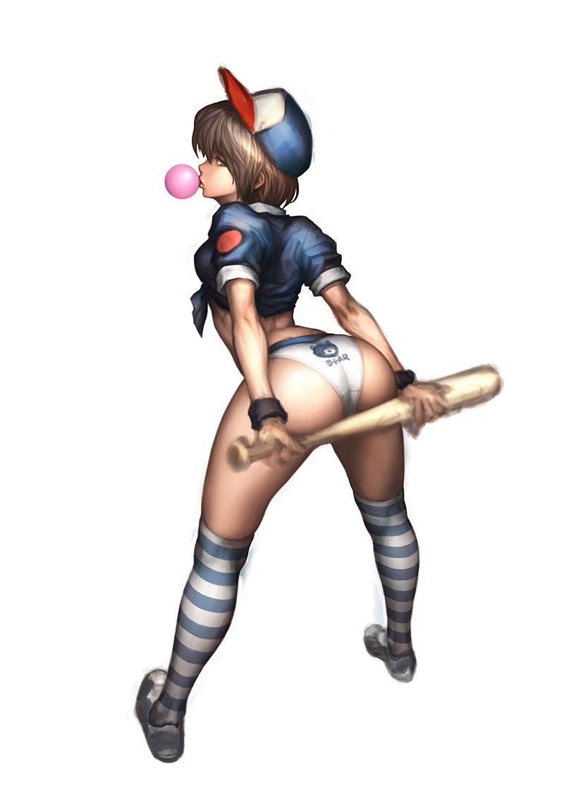 arms_behind_back ass baseball baseball_bat baseball_cap bent_over brown_eyes brown_hair bubble_blowing chewing_gum copyright_request from_behind hat looking_back mawang panties shirt short_hair simple_background solo striped striped_legwear thighhighs tied_shirt underwear