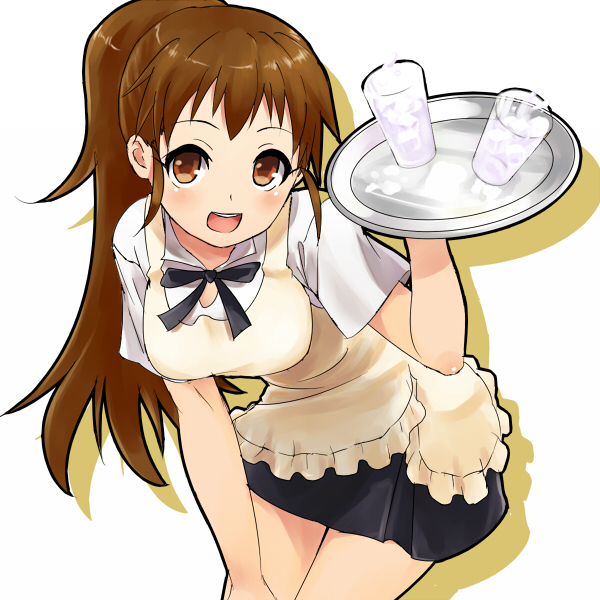 brown_eyes brown_hair drink long_hair nathaniel_pennel open_mouth ponytail ribbon skirt smile solo taneshima_popura tray waitress working!!
