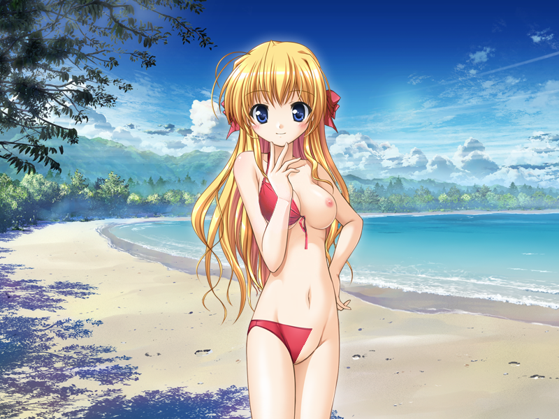 beach bikini blonde blue_eyes blush breasts fortune_arterial hair_ribbon large_breasts long_hair mizugi sendou_erika