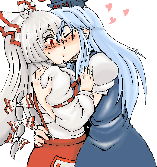 blue_hair blush bow closed_eyes dress fujiwara_no_mokou hair_bow hair_ribbon hat heart hug kamishirasawa_keine kiss long_hair multiple_girls red_eyes ribbon seinen_anko silver_hair suspenders sweat sweatdrop touhou white_hair yuri