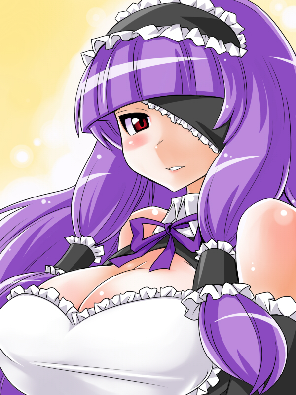 1girl blush breasts cleavage dream_c_club eyepatch kobayashi_tetsuya long_hair maid maid_headdress maid_outfit mari_(dream_c_club) purple_hair red_eyes smile