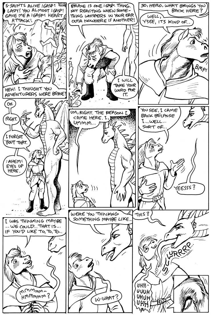 black_and_white comic dragon equine erection female gustav_(here_there_be_dragons) here_there_be_dragons horn horns horse karno licking male mammal monochrome pants_bulge penis scalie sex size_difference straight tail tongue vaginal zashy