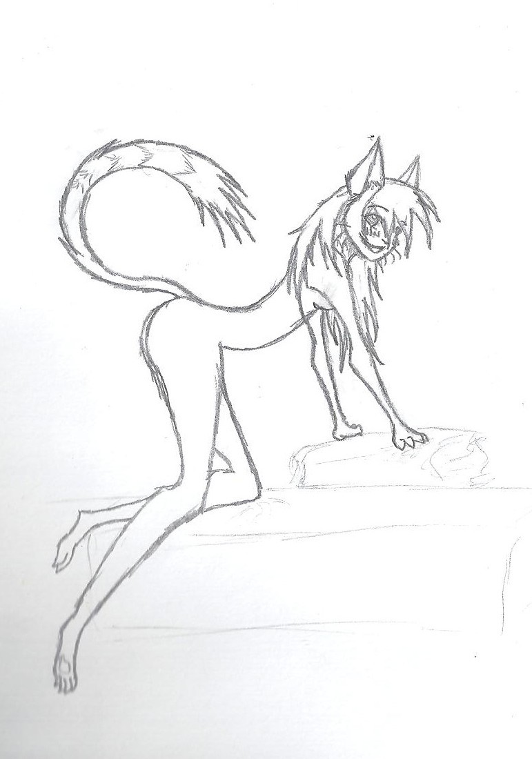 bed breasts cat feline female looking_at_viewer raised_tail side_boob sketch solo tail