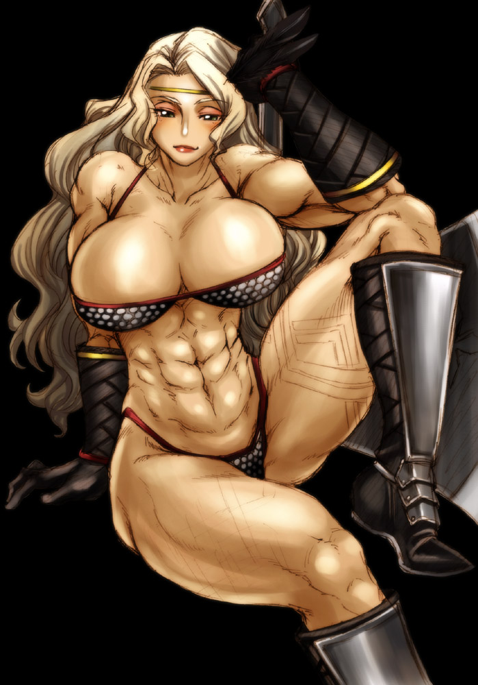abs amazon_(dragon's_crown) armor bikini_armor blonde_hair boots breasts chiba_toshirou circlet dragon's_crown gloves huge_breasts legs lips long_hair muscle muscular_female panties seductive_smile smile solo swimsuit tattoo thick_thighs thighs thong underwear