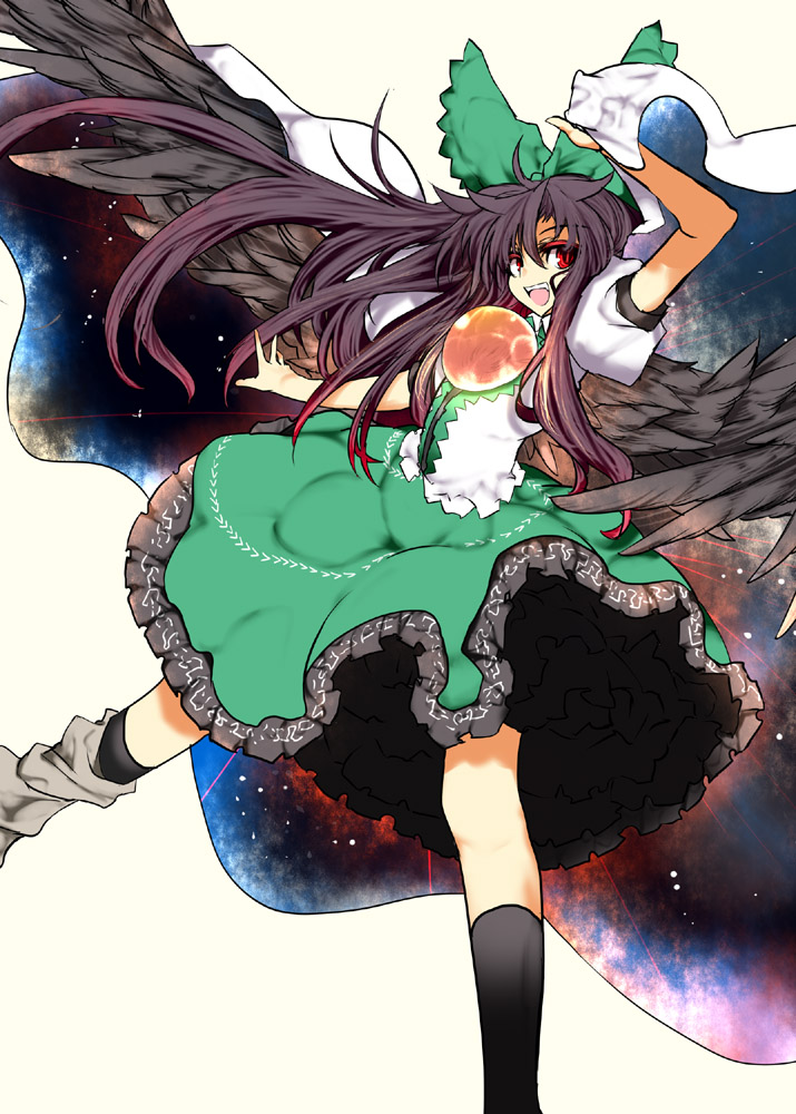 aoguu bad_id bad_pixiv_id bow brown_hair cape green_bow hair_bow red_eyes reiuji_utsuho simple_background skirt solo touhou wings