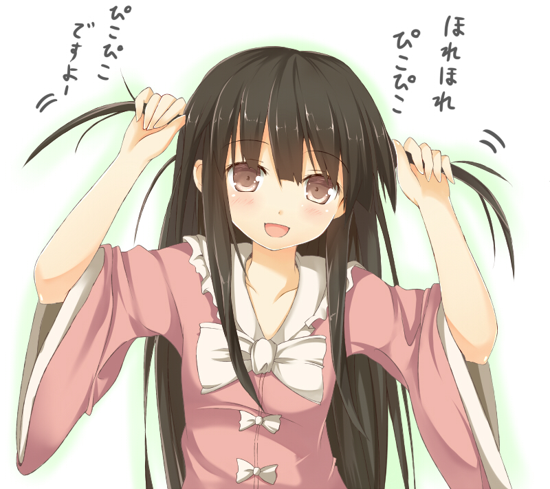 black_hair blush brown_eyes bunching_hair efe face houraisan_kaguya long_hair simple_background solo touhou translation_request twintails upper_body