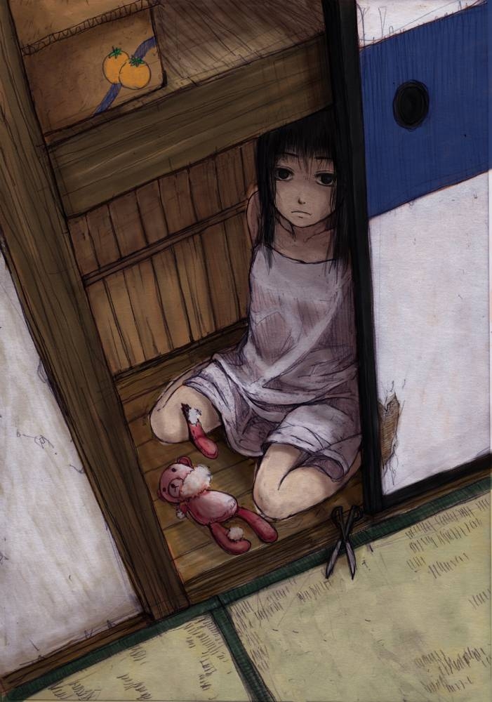 black_eyes black_hair closet dark dress gomennasai original sad scissors stuffed_animal tagme