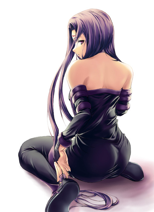 artist_request bare_shoulders collar dress duplicate fate/stay_night fate_(series) long_hair purple_eyes purple_hair rider solo strapless strapless_dress thighhighs