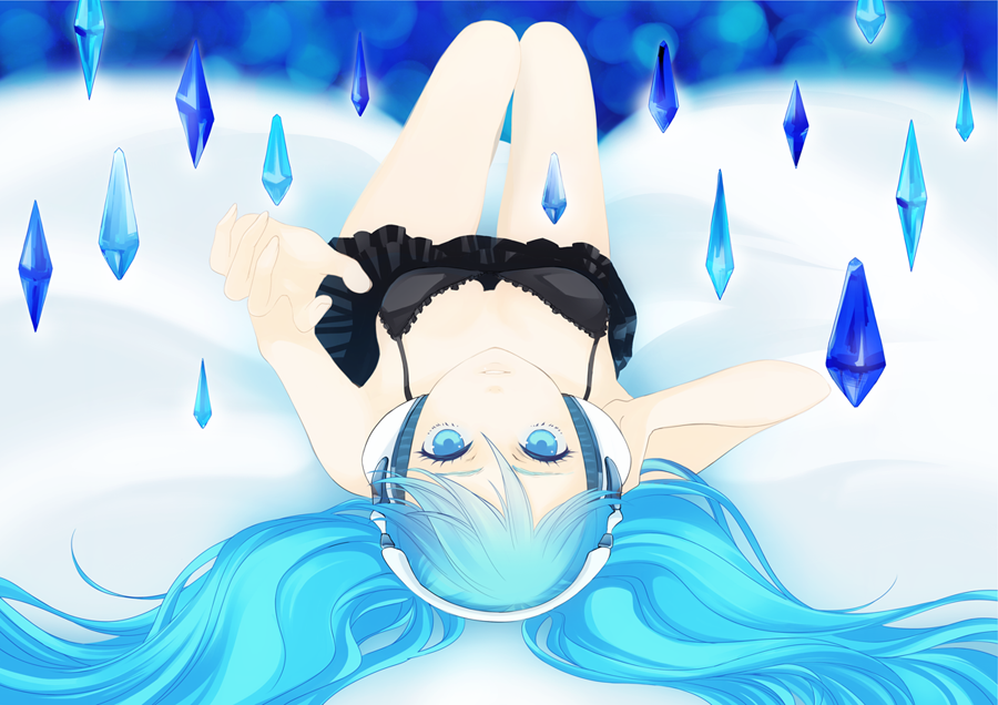 alternate_costume bad_id bad_pixiv_id black_dress blue_eyes blue_hair crystal downblouse dress hatsune_miku headphones long_hair looking_at_viewer solo twintails upside-down vocaloid wogura