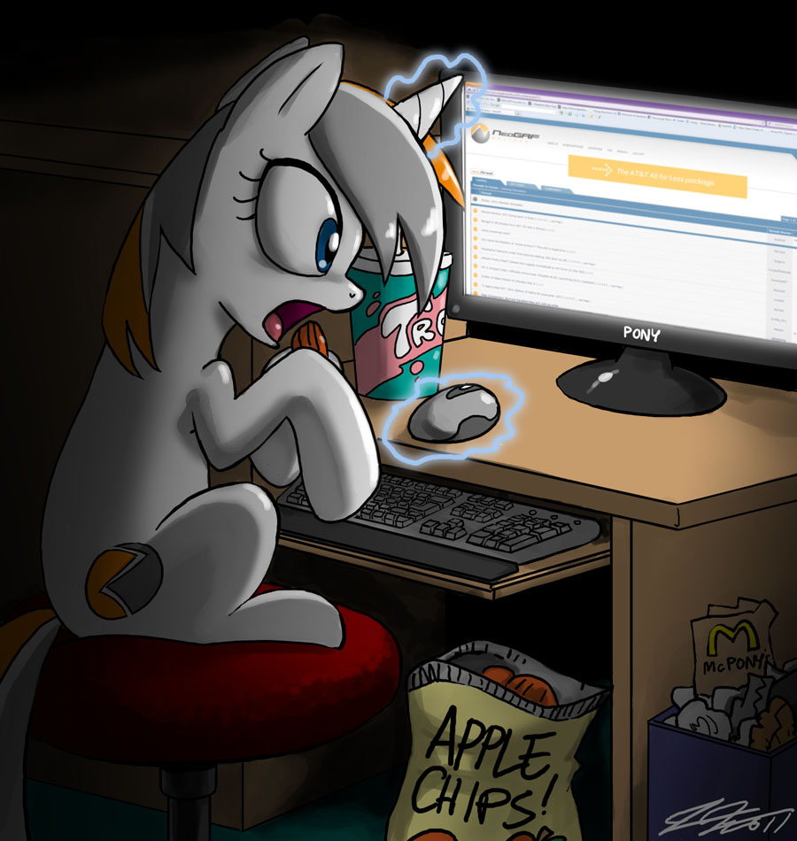 applechips bag belle_eve_(mlp) blue_eyes chips computer cutie_mark drink equine female feral hair horn horns john_joseco keyboard_(computer) magic mammal mc_donalds monitor mouse my_little_pony rodent solo trash two_tone_hair unicorn unknown_pony