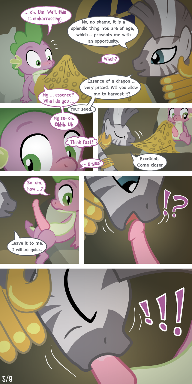 !!! cloth comic dialog dragon duo ear_piercing earring english_text equine erection fellatio female feral friendship_is_magic hut interspecies male mammal morning_wood my_little_pony oral oral_sex penis piercing scalie sex spike_(mlp) straight syoee_b tenting text young zebra zecora_(mlp)