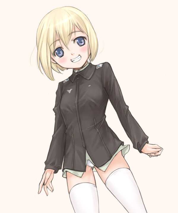 blonde_hair blue_eyes erica_hartmann kanda_aya panties short_hair smile solo strike_witches thighhighs underwear world_witches_series