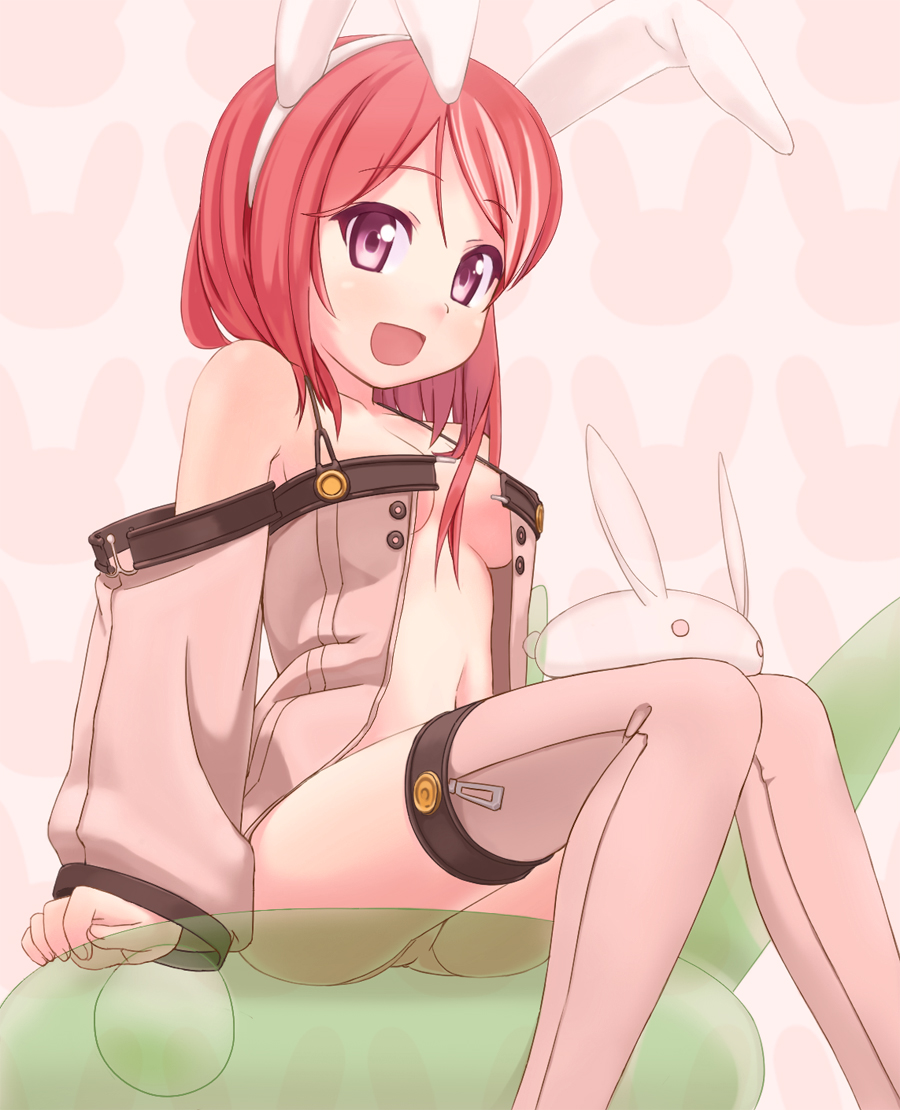 :d animal_ears bad_id bad_pixiv_id bare_shoulders breasts bunny_ears center_opening fake_animal_ears medium_breasts navel no_bra no_pants open_clothes open_mouth original panties purple_eyes red_hair sawada_yuusuke sitting smile solo thighhighs underwear