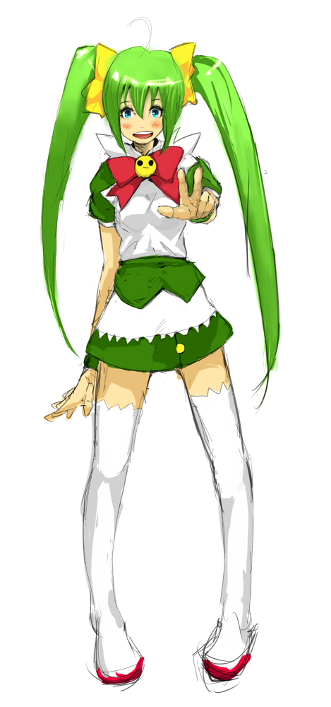 blue_eyes bow green_hair long_hair open_mouth smile so-bin tagme thighhighs twin_tails v