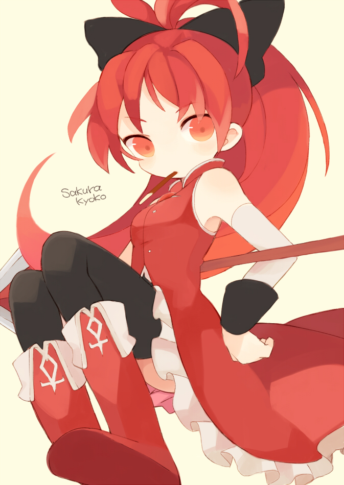 bad_id bad_pixiv_id boots bow eating food hair_bow long_hair magical_girl mahou_shoujo_madoka_magica oppo pocky polearm ponytail red_eyes red_hair sakura_kyouko solo spear thighhighs weapon
