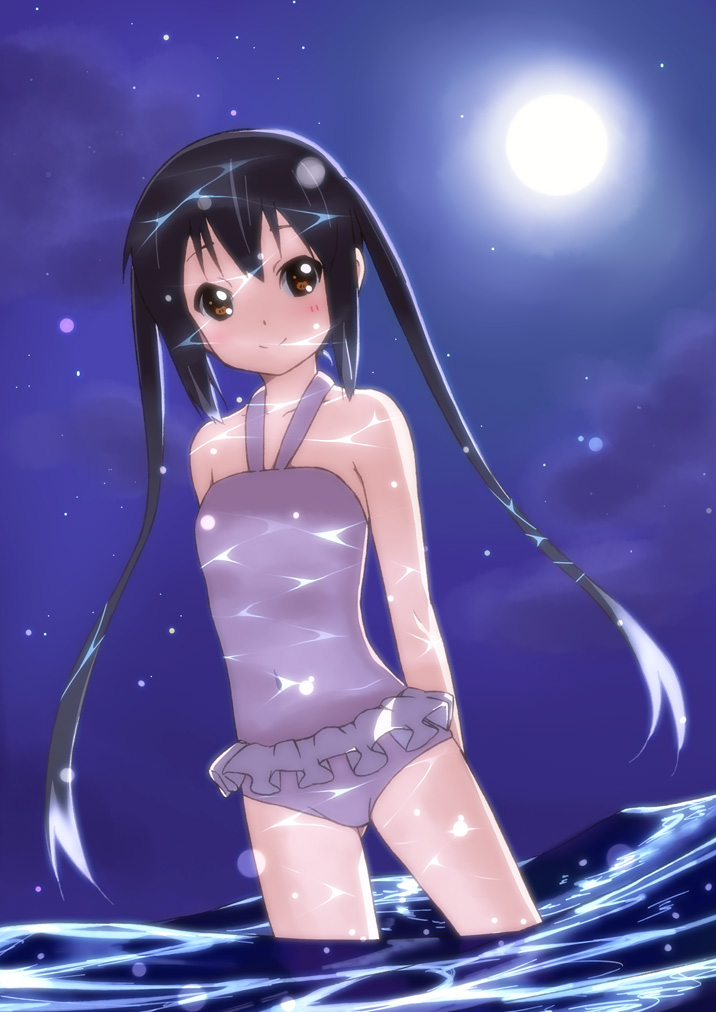 arms_behind_back black_hair brown_eyes casual_one-piece_swimsuit caustics errant full_moon k-on! long_hair moon moonlight nakano_azusa night night_sky one-piece_swimsuit sky smile solo swimsuit twintails wading water