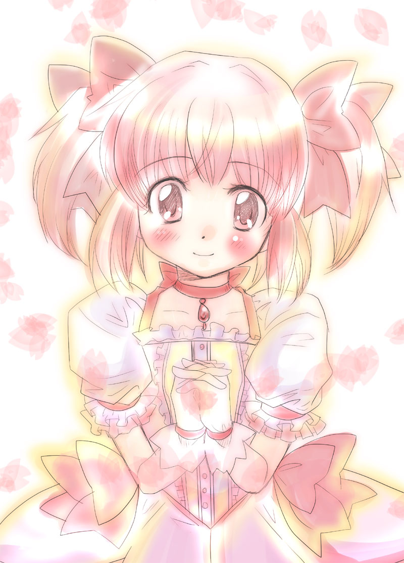 bad_id bad_pixiv_id bow choker gloves hair_bow hands_clasped izumiyamisono kaname_madoka magical_girl mahou_shoujo_madoka_magica own_hands_together petals pink_eyes pink_hair puffy_sleeves red_choker short_twintails solo twintails white_gloves