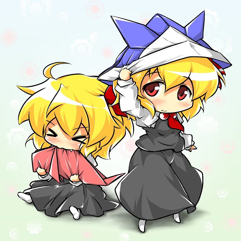 &gt;_&lt; black_dress blonde_hair blush chibi closed_eyes dress eating fang hair_ribbon hand_on_headwear hat multiple_persona origami paper_hat paper_kabuto red_eyes red_star_(toranecomet) ribbon rumia sitting smile standing touhou