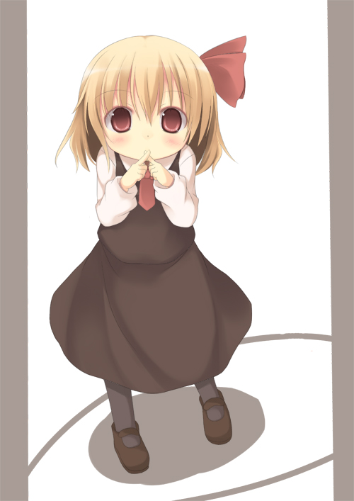 ascot black_legwear blonde_hair blush child dress finger_to_mouth mary_janes nami_(cassette) pantyhose red_eyes rumia shoes short_hair solo standing touhou