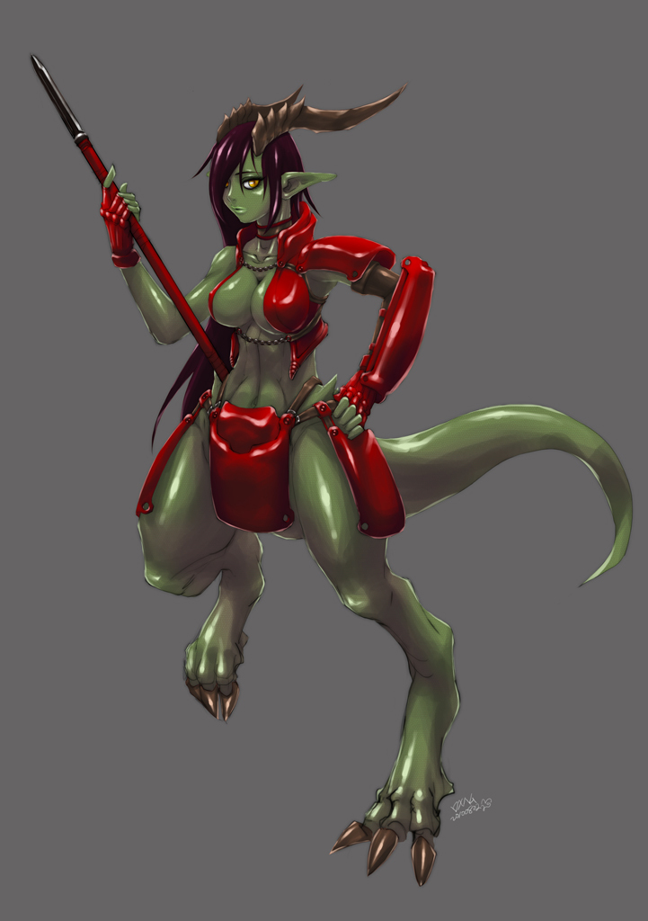 armor black_hair breasts cleavage clothed clothing female green green_body grey_background hair horn horns hybrid looking_at_viewer plain_background pole pose romehamu scalie solo yellow_eyes