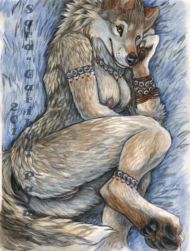 anthro bracelet breasts canine caribou_(artist) female hindpaw jewelry looking_at_viewer mammal necklace nipples nude paws pussy sara_palmer solo tribal wolf yellow_eyes
