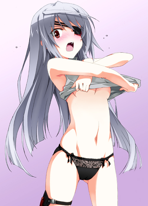 ass_visible_through_thighs black_panties blush breasts eyepatch grey_hair infinite_stratos laura_bodewig long_hair medium_breasts midriff navel open_mouth panties red_eyes saipaco simple_background solo tank_top underboob underwear undressing x_arms