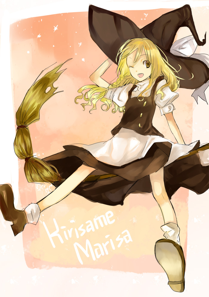 ;d bad_id bad_pixiv_id blonde_hair broom broom_riding hand_on_headwear hat kirisame_marisa kol49 one_eye_closed open_mouth smile solo touhou witch_hat yellow_eyes