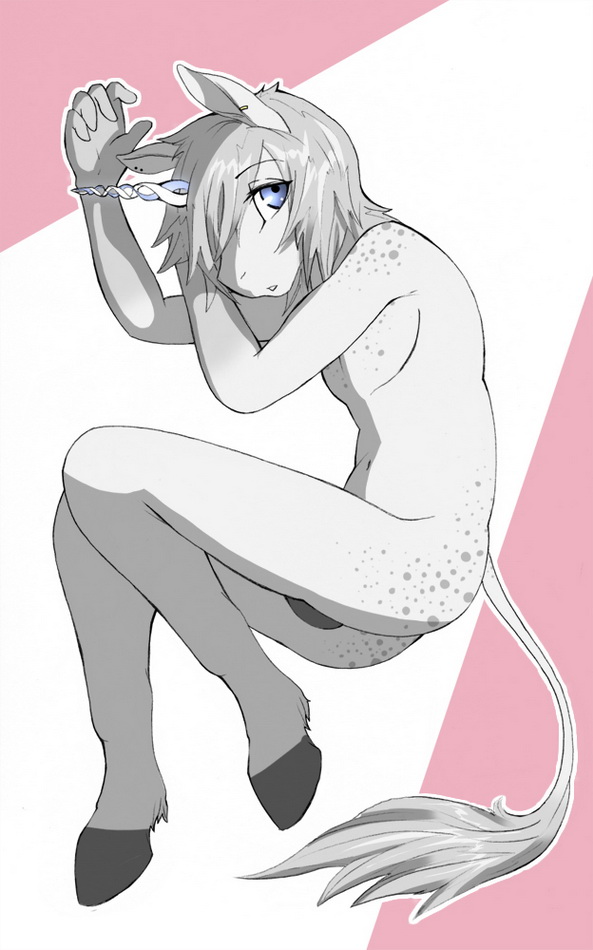 balls blue_eyes equine fur hair hooves horn horns long_hair looking_at_viewer lying male mammal markings mirapony mythology_(character) nude pinup pose short_hair solo unicorn white white_fur white_hair