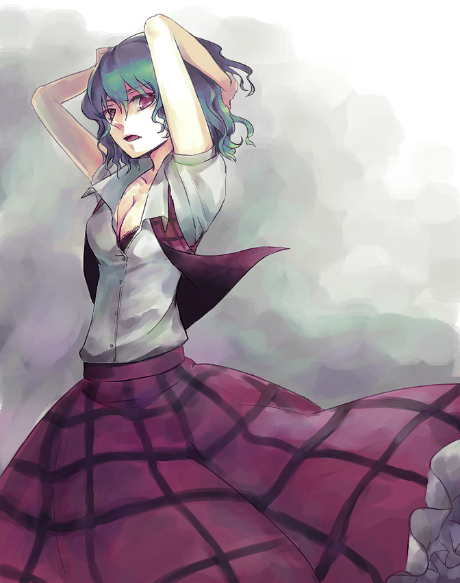 black_bra bra breasts cleavage green_hair hand_behind_head kazami_yuuka lingerie looking_at_viewer medium_breasts open_clothes open_mouth open_shirt plaid plaid_skirt plaid_vest red_eyes semicolon shirt short_hair skirt skirt_set solo touhou underwear vest wind
