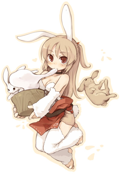 7010 animal_ears bare_shoulders blonde_hair blush breasts bucket bunny bunny_ears bunny_tail cleavage detached_sleeves long_hair medium_breasts original ponytail red_eyes simple_background skirt solo tail thighhighs white_background white_legwear