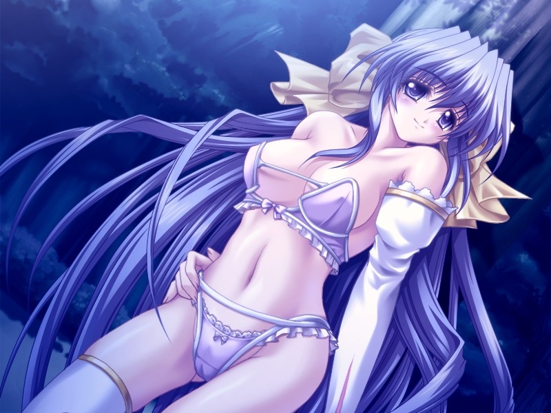 blue_eyes blue_hair hand_on_hip lingerie long_hair midriff navel night smile underwear very_long_hair