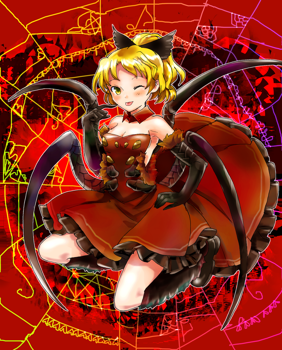 :p blonde_hair blush bow breasts chamaruku cleavage elbow_gloves face gloves hair_bow hand_on_hip insect_girl kurodani_yamame large_breasts multiple_legs one_eye_closed short_hair silk smile solo spider_girl spider_web tongue tongue_out touhou yellow_eyes