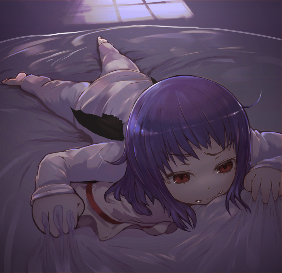 barefoot bed_sheet child fangs foreshortening hat hat_removed headwear_removed lying mitsume_(kiiro9) on_stomach pajamas purple_hair red_eyes remilia_scarlet sheet_grab solo touhou wings