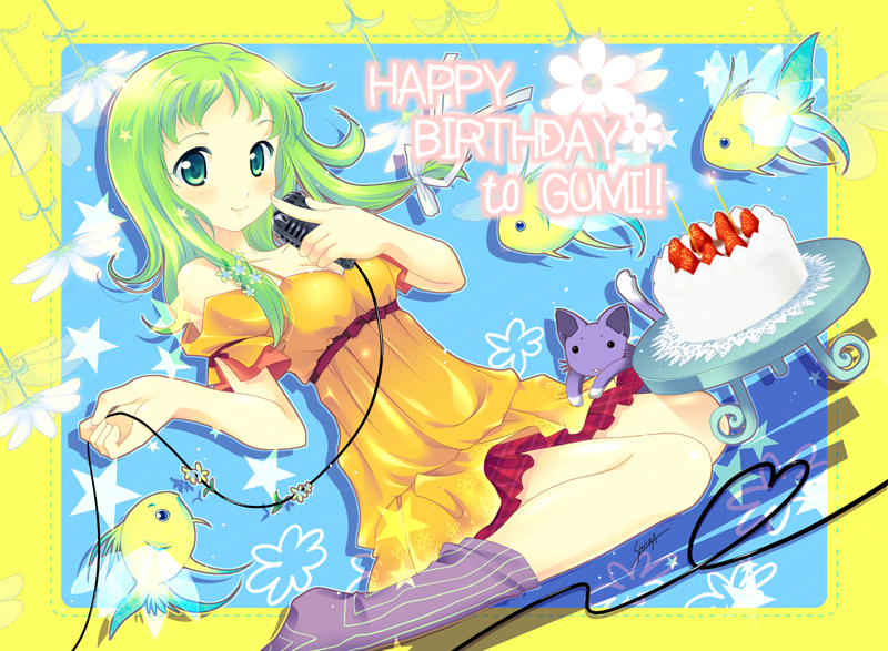 cake cat child-box dress fish food green_eyes green_hair gumi happy_birthday microphone short_dress short_hair sitting smile socks solo vintage_microphone vocaloid