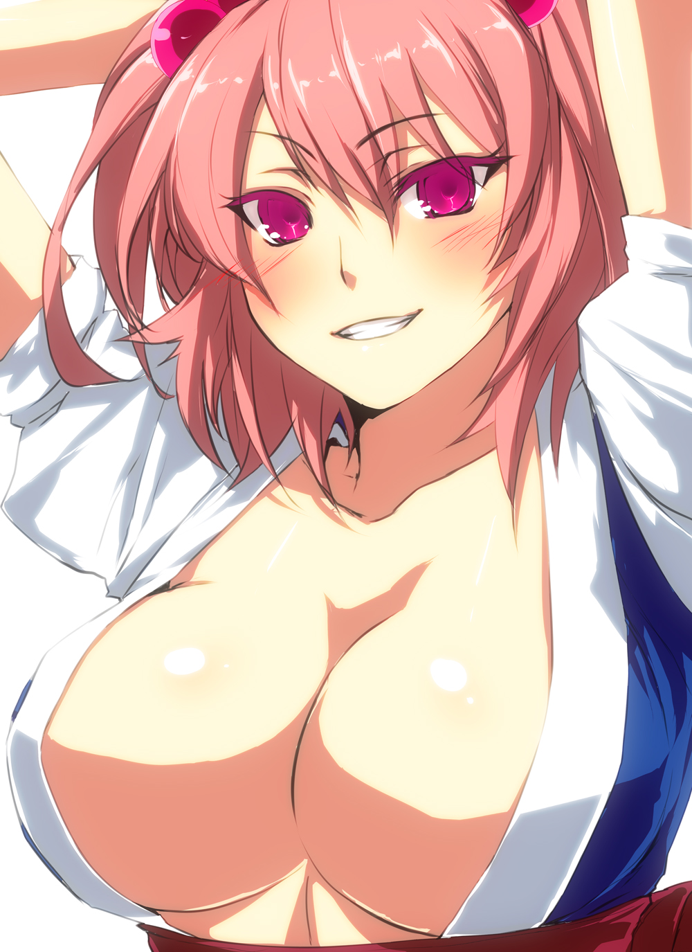 arms_behind_head arms_up bad_id bad_pixiv_id blush breasts cleavage grin hair_bobbles hair_ornament highres large_breasts onozuka_komachi pink_hair purple_eyes risutan short_hair smile solo touhou two_side_up upper_body