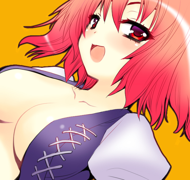 breasts cleavage collarbone medium_breasts onozuka_komachi open_clothes open_shirt red_eyes red_hair saki_chisuzu shirt short_hair solo touhou upper_body