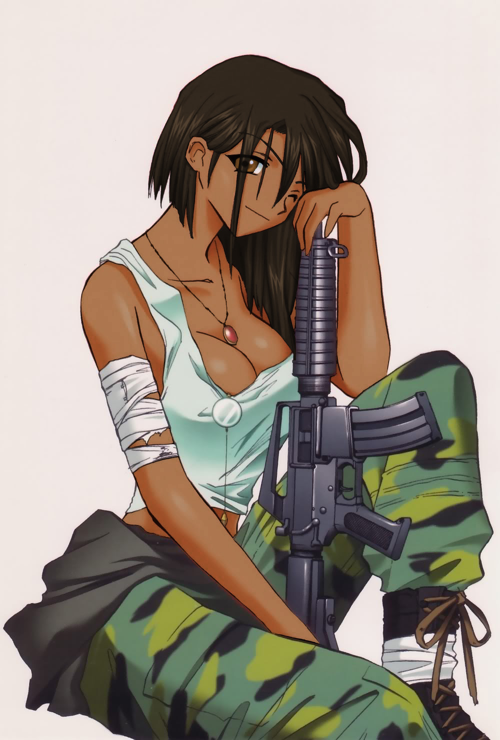 black_hair blue_eyes breasts brown_eyes camouflage clevage dark_skin forte_stollen galaxy_angel gun jewelry kanan large_breasts m4_carbine milirary_uniform military necklace oppai short_hair tank_top uniform weapon wink
