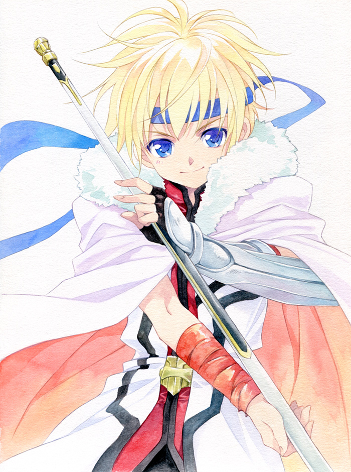 agahari armor blonde_hair blue_eyes blush dog_days fingerless_gloves gloves headband male_focus shinku_izumi smile solo staff