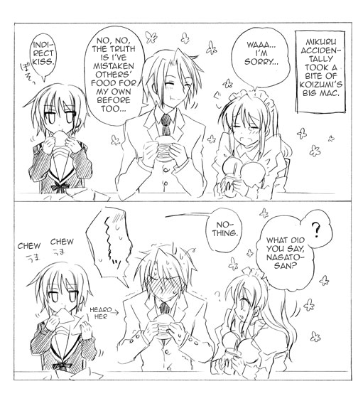 2girls asahina_mikuru blush comic cup eating english food greyscale hamburger harmonia koizumi_itsuki maid monochrome multiple_girls nagato_yuki soft_drink suzumiya_haruhi_no_yuuutsu sweatdrop translated