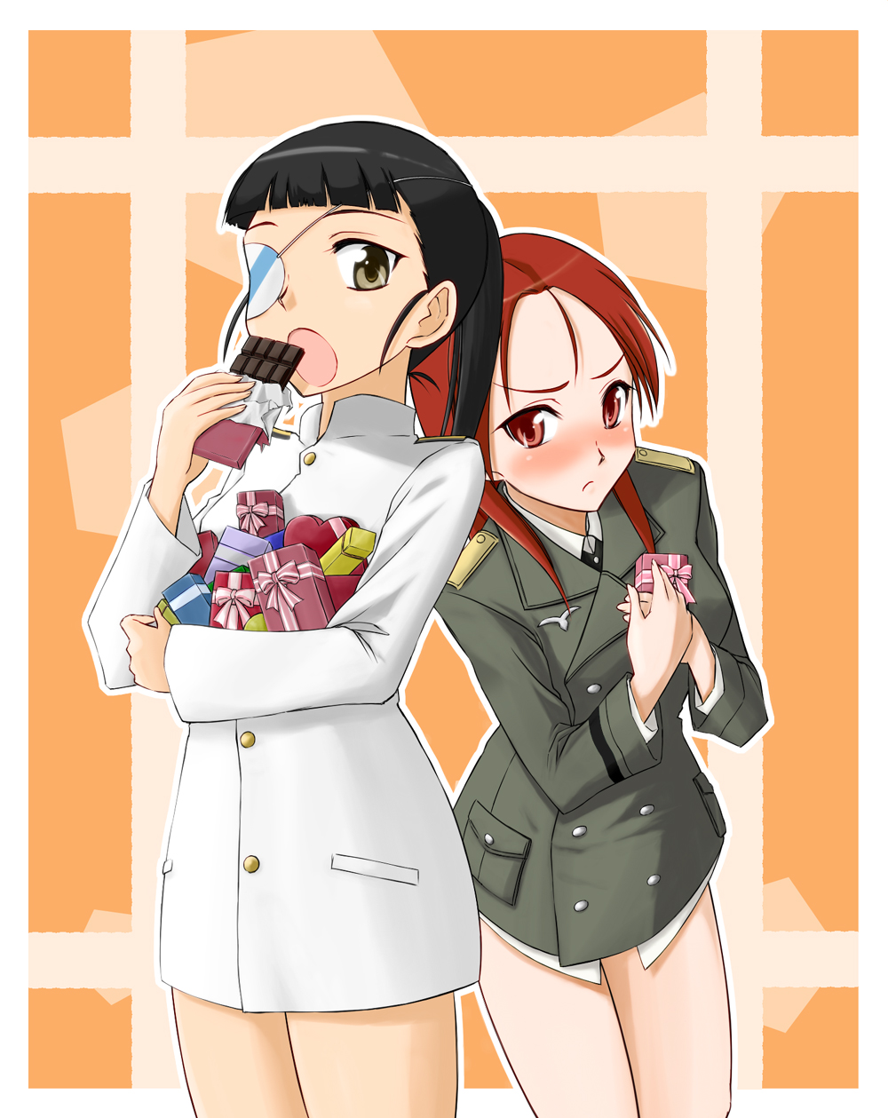 bad_id bad_pixiv_id black_hair blush brown_eyes chocolate eyepatch gift highres holding holding_gift long_hair military military_uniform minna-dietlinde_wilcke multiple_girls no_pants ponytail red_eyes red_hair sakamoto_mio sayu_(mio-mosa) strike_witches uniform world_witches_series