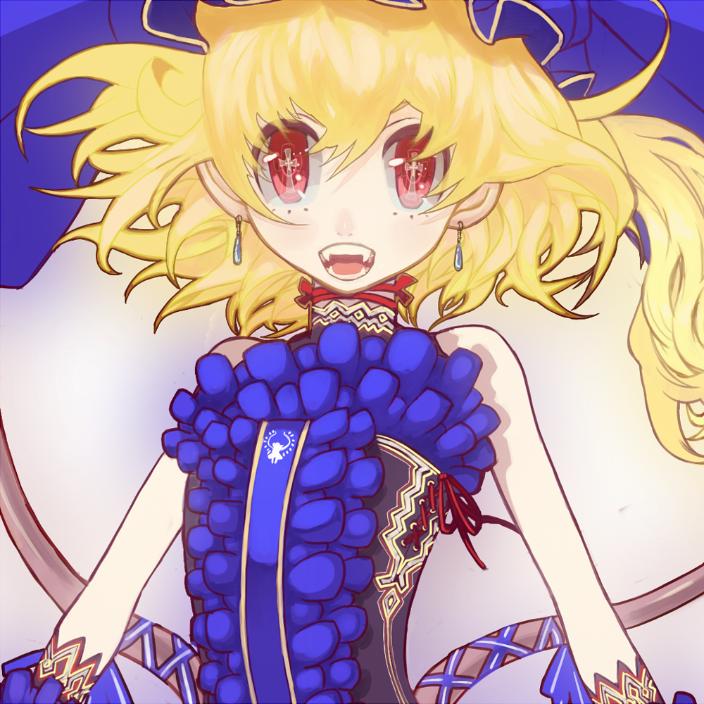1girl alternate_costume bad_id bad_pixiv_id blonde_hair choker close-up cross earrings fangs flandre_scarlet frills hat jewelry kansou_samehada red_eyes simple_background solo symbol-shaped_pupils touhou upper_body